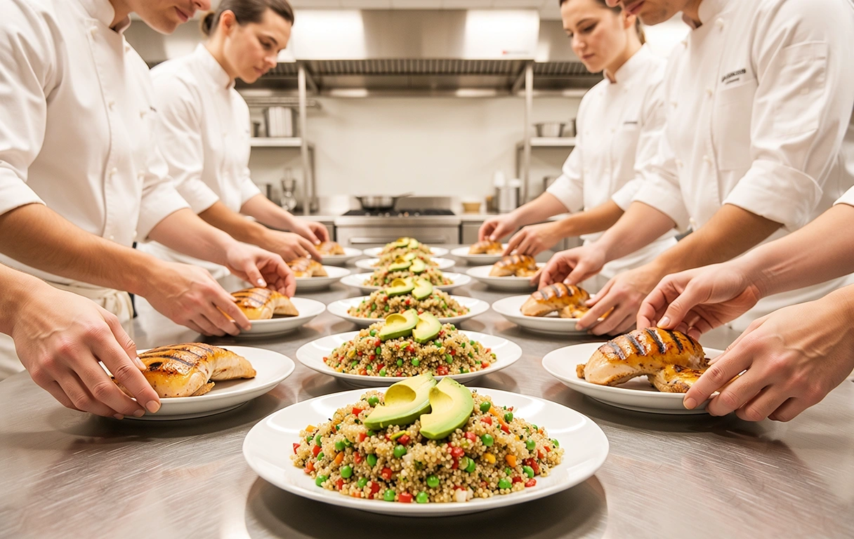 Professional kitchen preparing balanced food